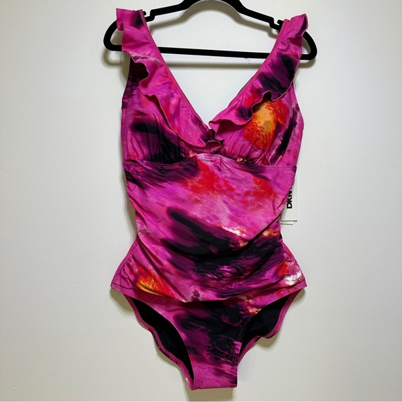 DKNY Pink Abstract Ruffle Trim One Piece Swimsuit Tummy Control Size L NWT - Picture 1 of 5